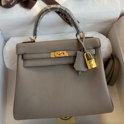 Hermes Kelly Retourne 25 Handmade Bag In Gris Meyer Clemence Leather