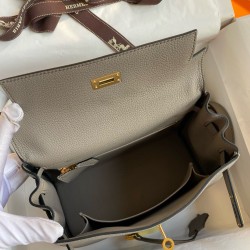 Hermes Kelly Retourne 25 Handmade Bag In Gris Meyer Clemence Leather