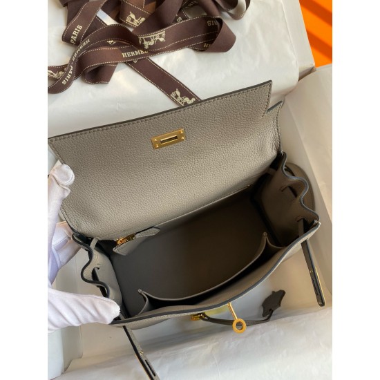 Hermes Kelly Retourne 25 Handmade Bag In Gris Meyer Clemence Leather