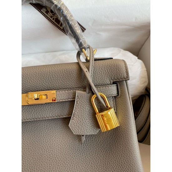 Hermes Kelly Retourne 25 Handmade Bag In Gris Meyer Clemence Leather