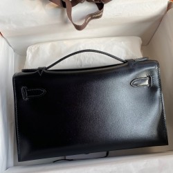 Hermes Kelly Pochette Handmade Bag In Black Box Calfskin