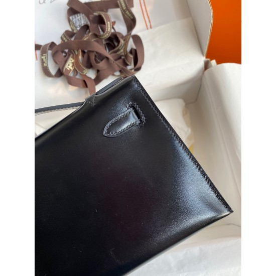 Hermes Kelly Pochette Handmade Bag In Black Box Calfskin