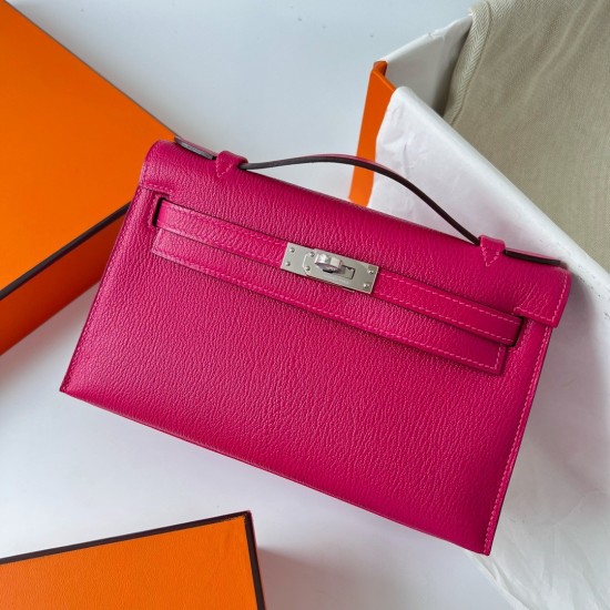 Hermes Kelly Pochette Handmade Bag In Rose Mexico Chevre Mysore Leather