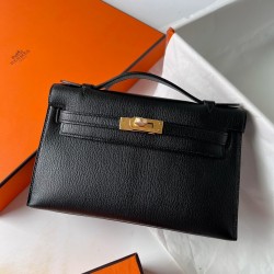 Hermes Kelly Pochette Handmade Bag In Black Chevre Mysore Leather