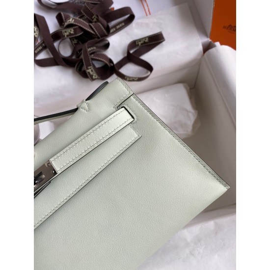 Hermes Kelly Pochette Handmade Bag In Vert Fizz Swift Calfskin