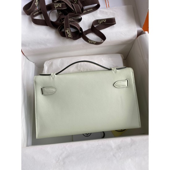 Hermes Kelly Pochette Handmade Bag In Vert Fizz Swift Calfskin