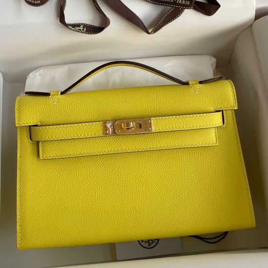 Hermes Kelly Pochette Handmade Bag In Lime Epsom Calfskin