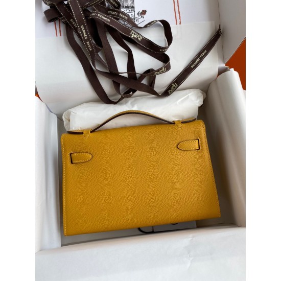 Hermes Kelly Pochette Handmade Bag In Jaune Ambre Epsom Calfskin