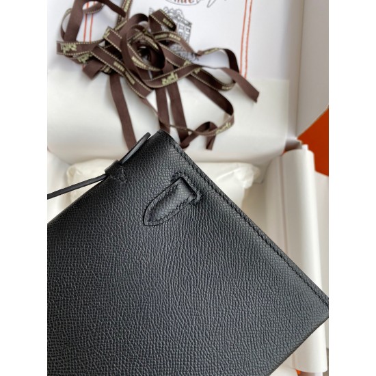 Hermes Kelly Pochette Handmade Bag In Black Epsom Calfskin