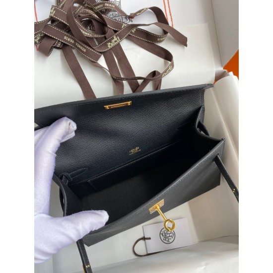 Hermes Kelly Pochette Handmade Bag In Black Epsom Calfskin