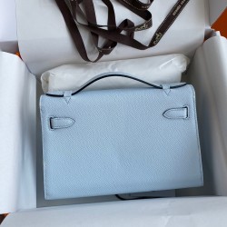 Hermes Kelly Pochette Handmade Bag In Blue Brume Epsom Calfskin