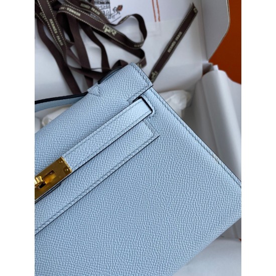 Hermes Kelly Pochette Handmade Bag In Blue Brume Epsom Calfskin