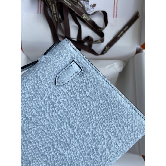 Hermes Kelly Pochette Handmade Bag In Blue Brume Epsom Calfskin