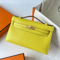 Hermes Kelly Pochette Handmade Bag In Lime Swift Calfskin