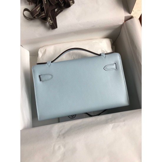 Hermes Kelly Pochette Handmade Bag In Blue Brume Swift Calfskin