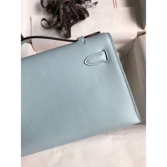 Hermes Kelly Pochette Handmade Bag In Blue Brume Swift Calfskin