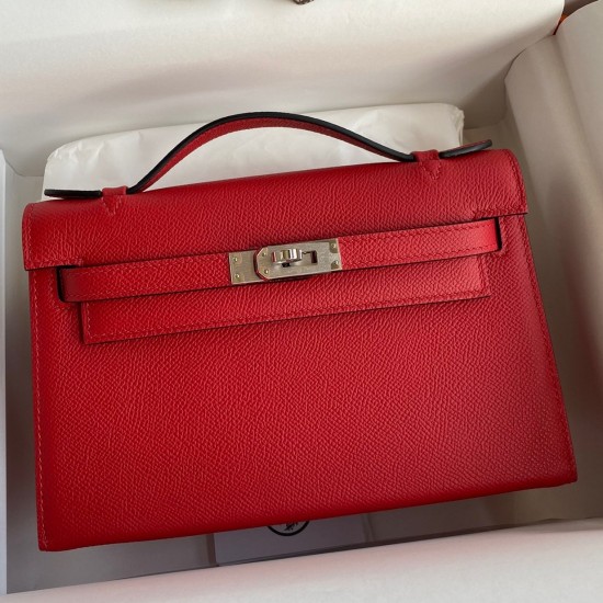 Hermes Kelly Pochette Handmade Bag In Red Epsom Calfskin