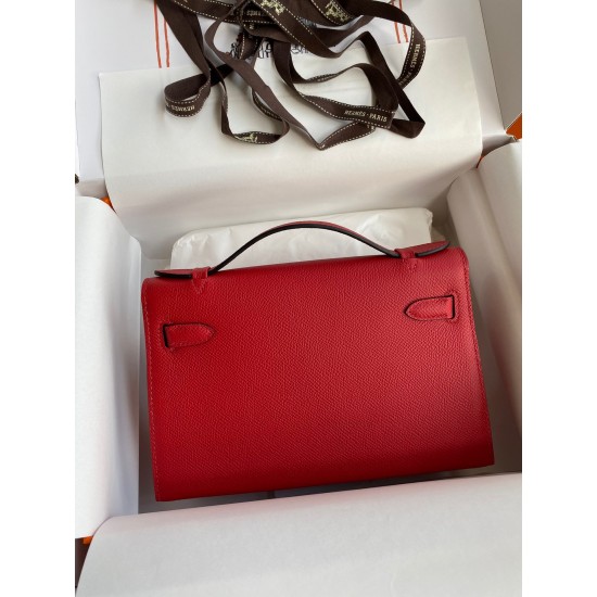 Hermes Kelly Pochette Handmade Bag In Red Epsom Calfskin