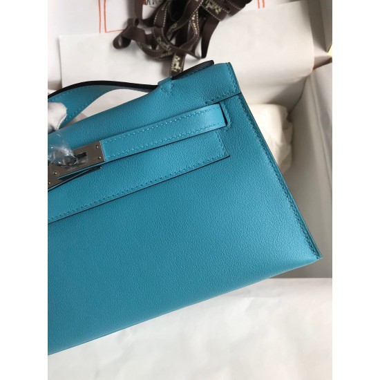 Hermes Kelly Pochette Handmade Bag In Blue du Nord Swift Calfskin