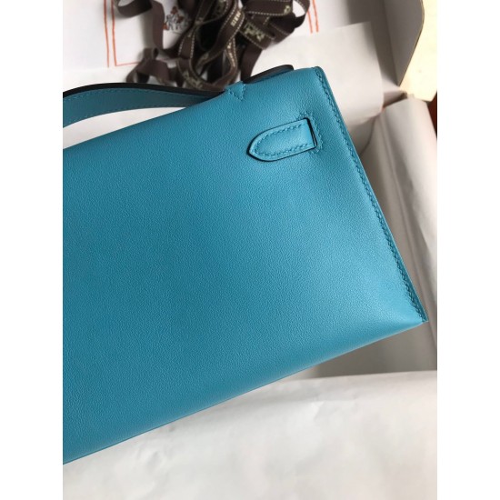 Hermes Kelly Pochette Handmade Bag In Blue du Nord Swift Calfskin