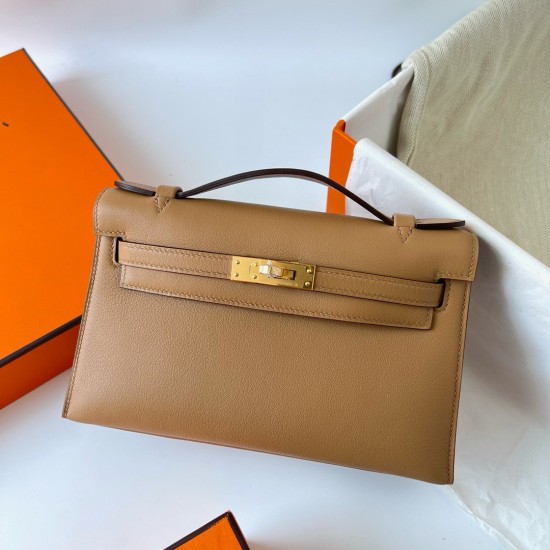 Hermes Kelly Pochette Handmade Bag In Chai Swift Calfskin