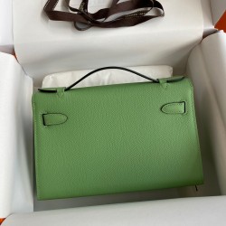 Hermes Kelly Pochette Handmade Bag In Vert Cypres Epsom Calfskin