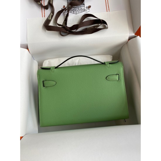 Hermes Kelly Pochette Handmade Bag In Vert Cypres Epsom Calfskin