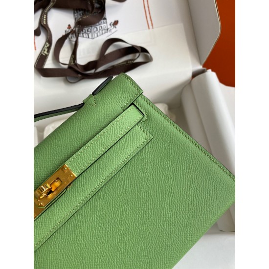 Hermes Kelly Pochette Handmade Bag In Vert Cypres Epsom Calfskin