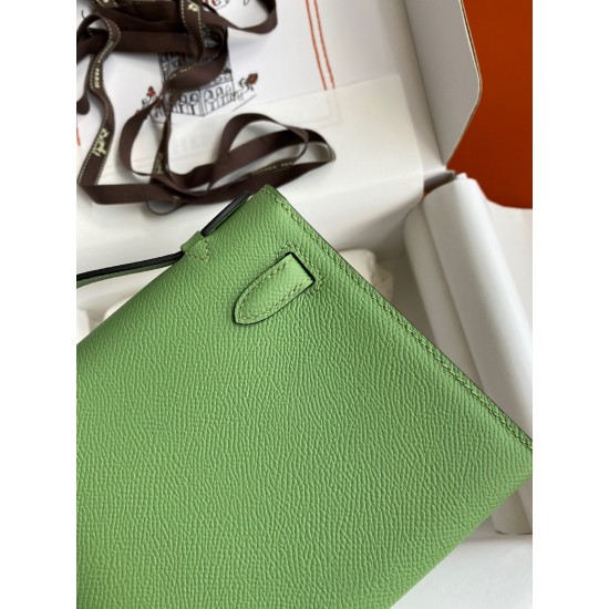 Hermes Kelly Pochette Handmade Bag In Vert Cypres Epsom Calfskin