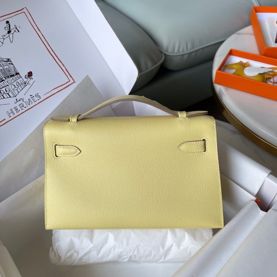 Hermes Kelly Pochette Handmade Bag In Jaune Poussin Epsom Calfskin