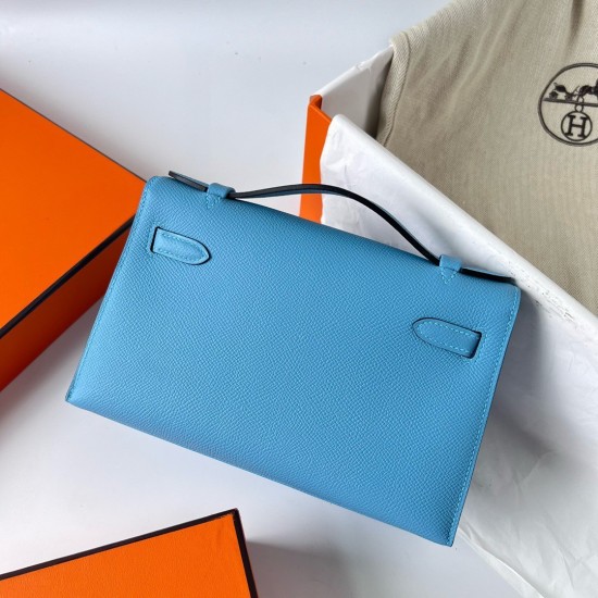 Hermes Kelly Pochette Handmade Bag In Blue du Nord Epsom Calfskin