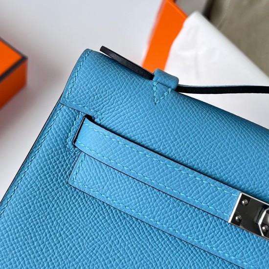 Hermes Kelly Pochette Handmade Bag In Blue du Nord Epsom Calfskin