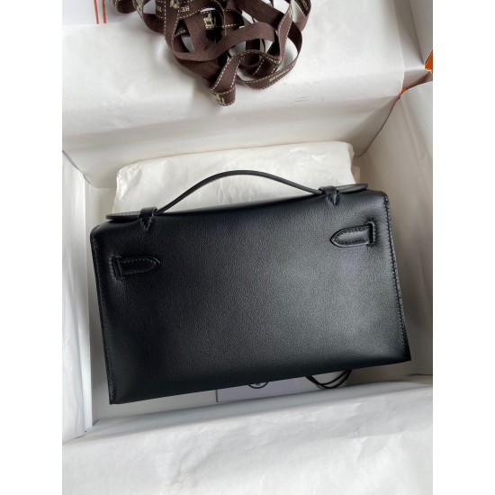 Hermes Kelly Pochette Handmade Bag In Black Swift Calfskin